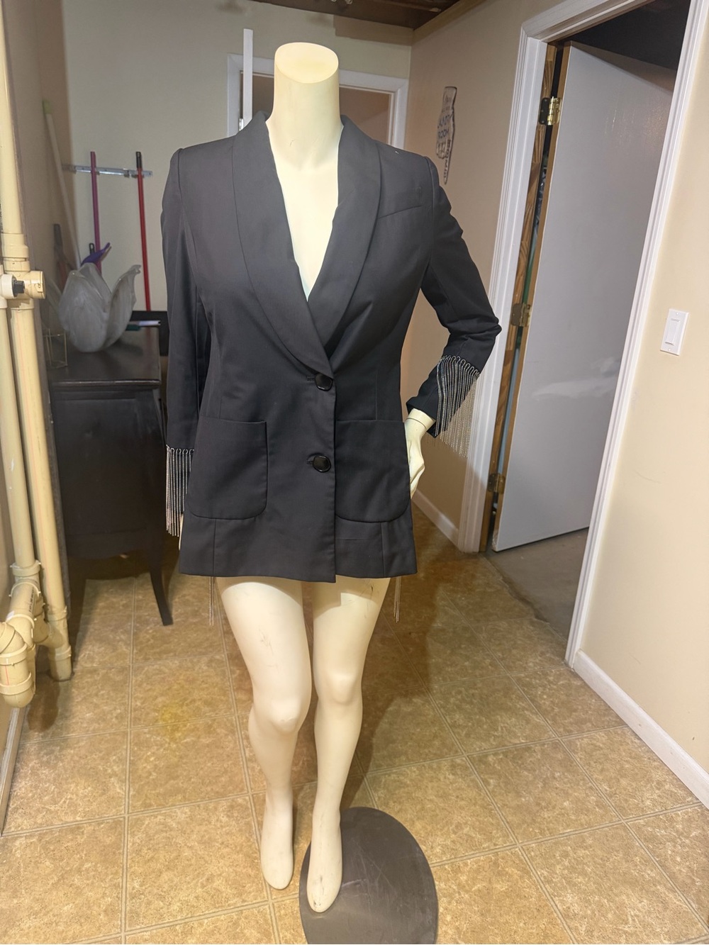 AKIRA Black Longline Blazer with Fringe Cuff Detail